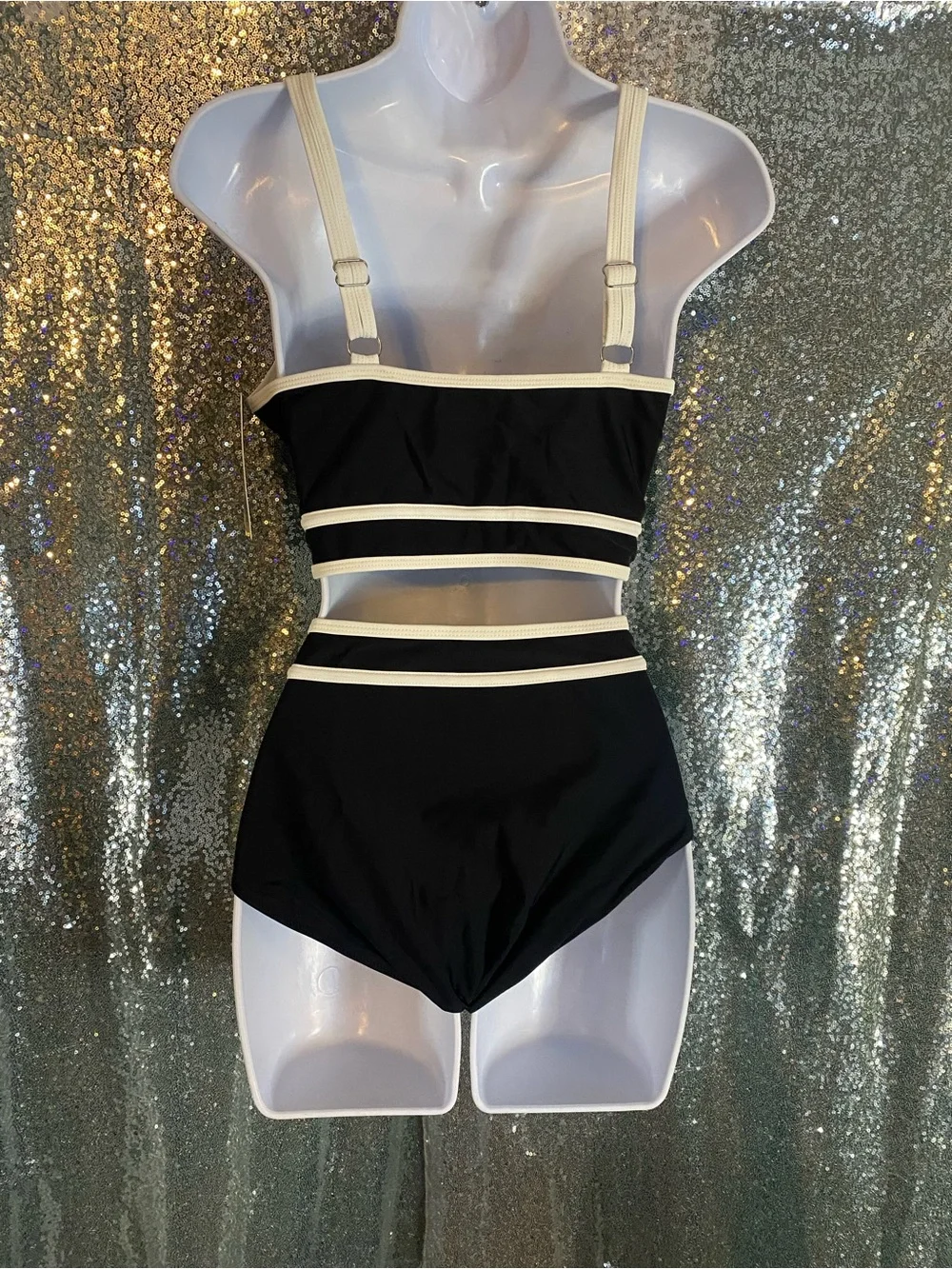 BMJL NWT Two-Piece Cutout Bikini Set | Black & Cream Contrast Trim | Size Large